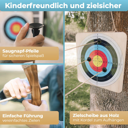 BOWRILLA® arrow and bow children's set with 6 suction cup arrows, wooden target, and quiver | Archery kids' toy for indoor and outdoor games from age 4 | For right and left-handed players.