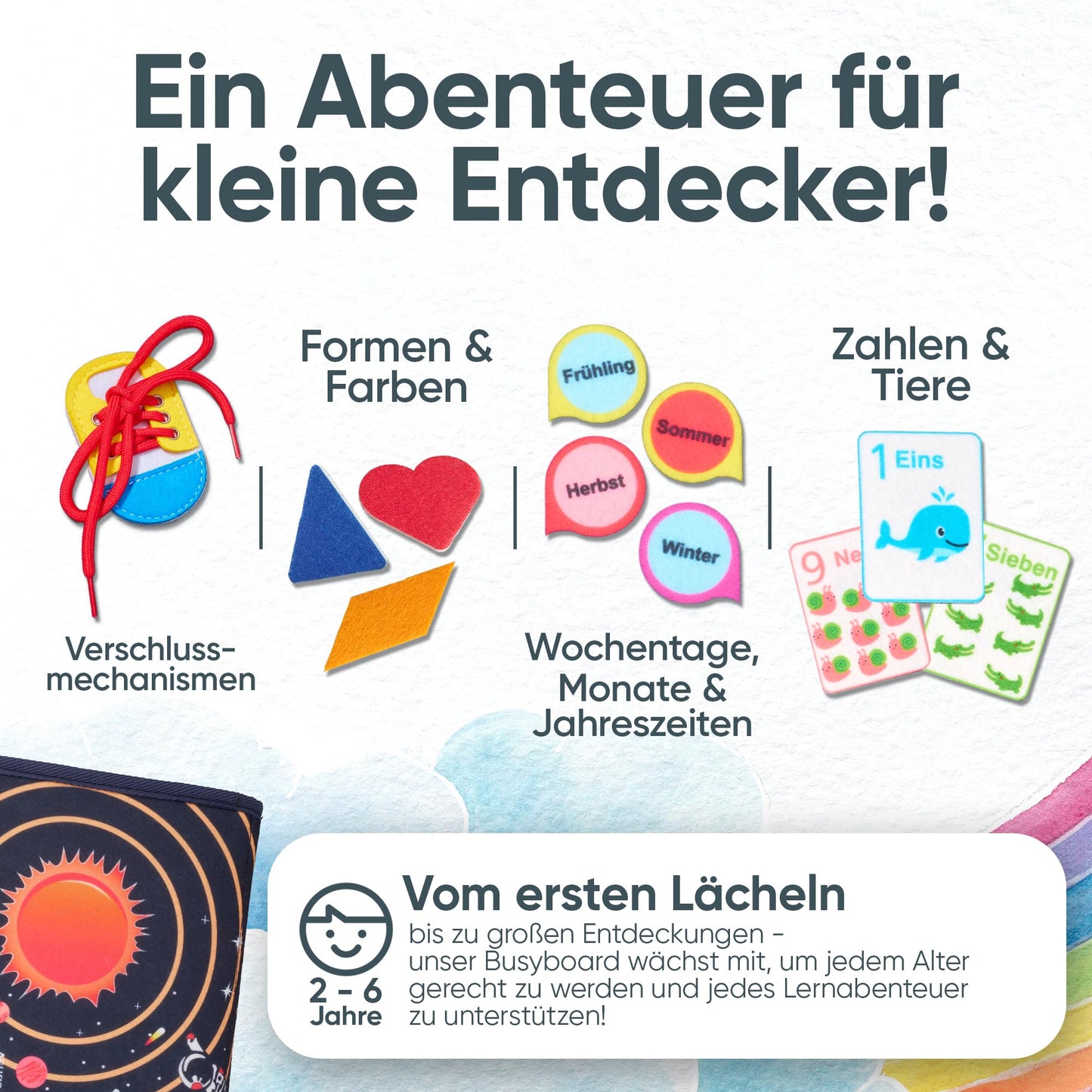 AnToniMahoni Montessori Busy Board German toy for 1 2 3 4 year olds, Activity Board motor skills toy, gift for boys girls, baby educational toy basic skills, motor skills game for travel
