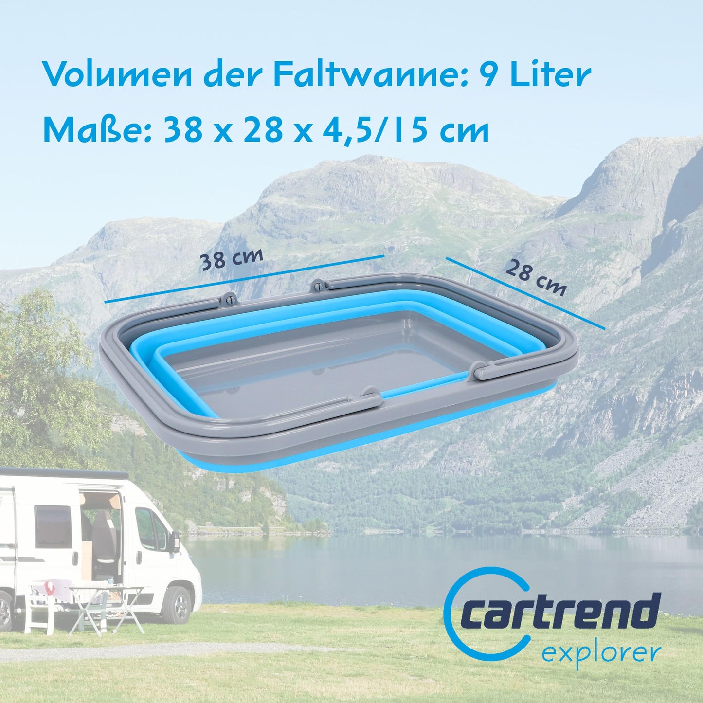 Car trend caravan basin with handle, foldable, for washing up, shopping, transport, laundry, 9 liters, camping, camping accessories, caravan, motorhome, caravan accessories, blue.