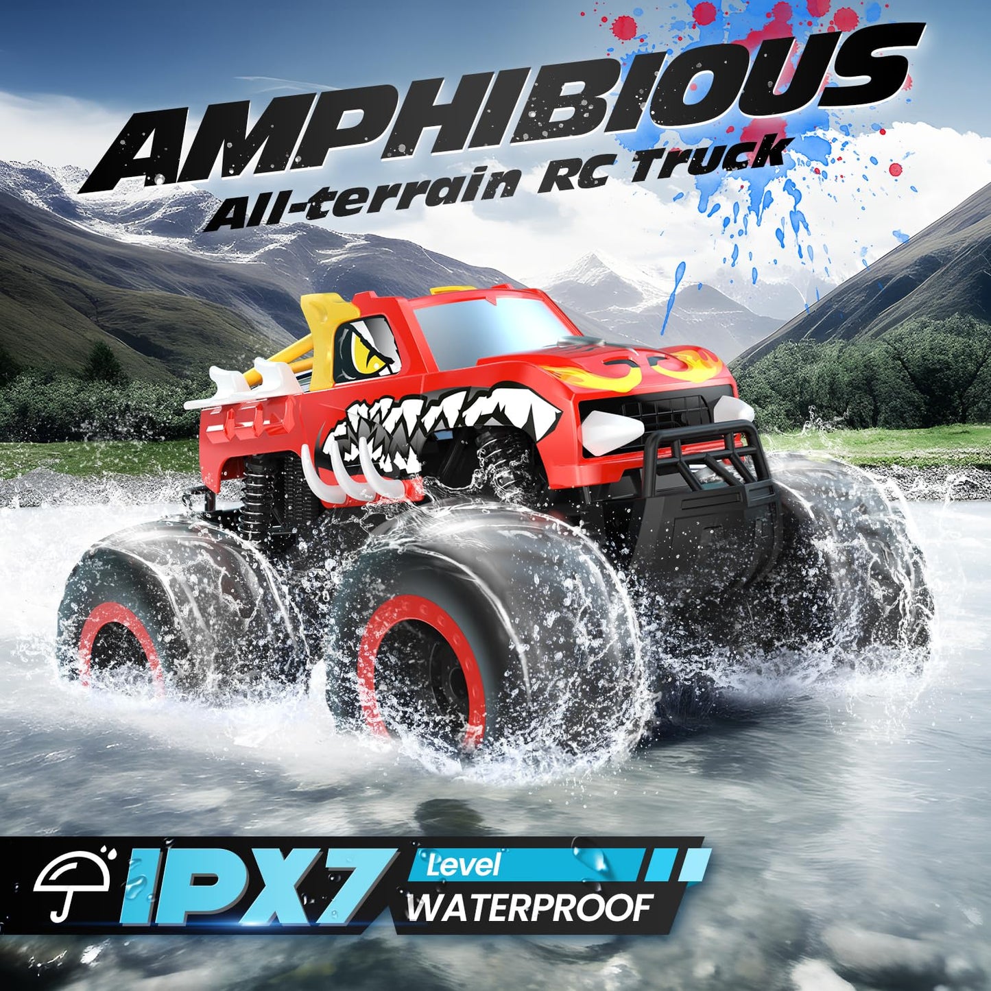 DEERC Amphibious Remote Control Car 1:16, 4WD Off-Road Monster Trucks in Fire Dragon Design with 2 batteries for land and water, 360 degree rotation, perfect gift for kids aged 6,7,8,9,10+ years.