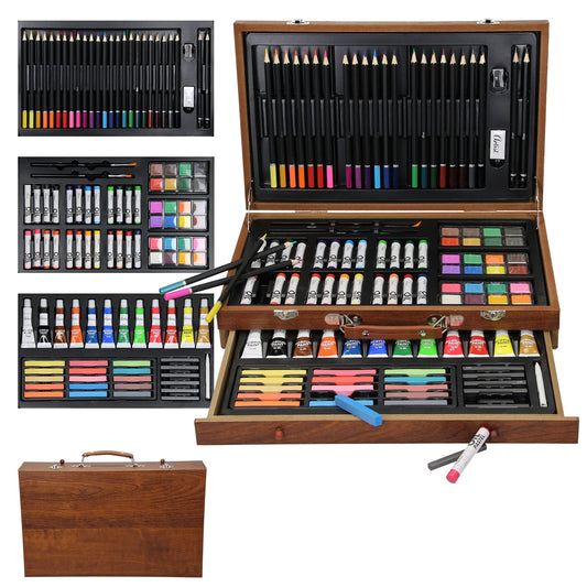 ECD Germany art set with 112 pieces for drawing and painting. Includes wooden carrying case, colored pencils, oil and acrylic paints, pastels, watercolors, and accessories for artists of all ages.