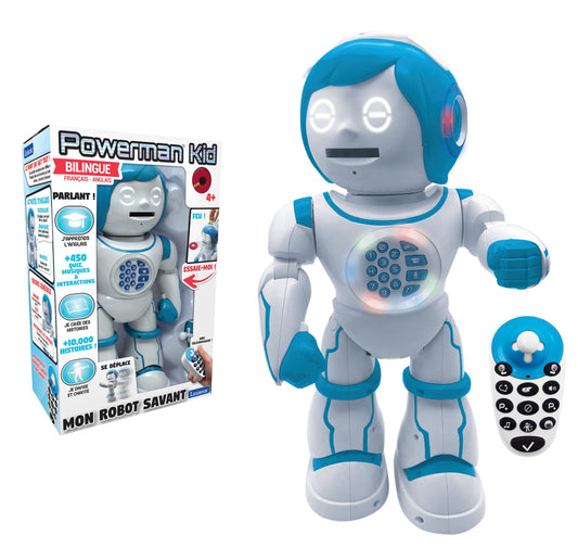 Lexibook Powerman Kid - educational robot, bilingual French/English, with remote control - programmable, dances, plays music, tells stories, 450+ quiz, records 4+.
