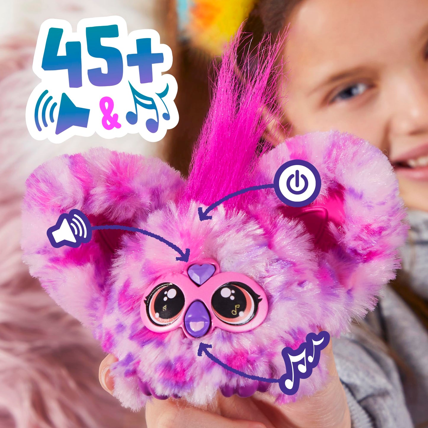 Furby Furblets Hip-Bop Mini, featuring hip-hop music & phrases in Furbish (over 45 sounds), plush toy in pink-purple pattern, suitable for kids aged 6 and up, an original stocking stuffer.