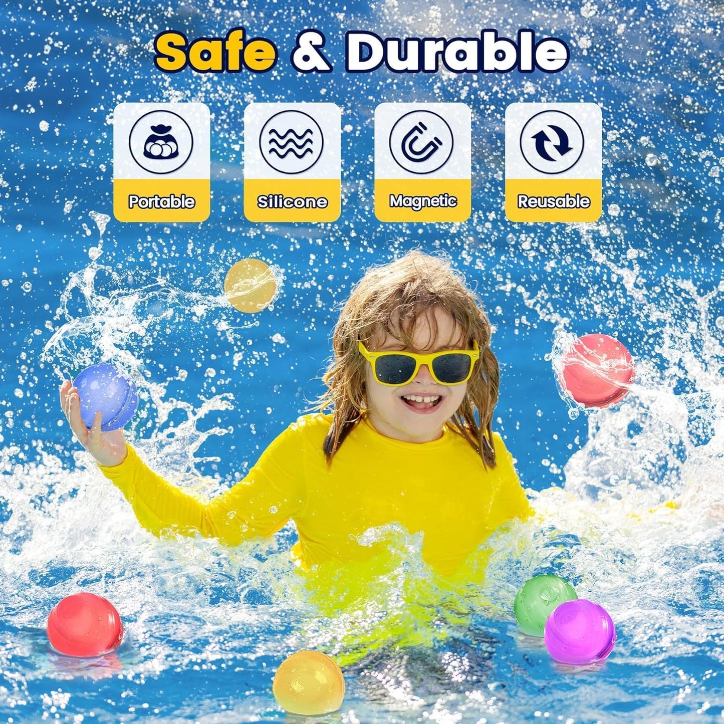 Ligtmore water balloons self-sealing, 16 piece reusable water balloons, magnetic water balloons, 1-second quick-fill water balloon set, suitable for kids, adults, beach, pool party.