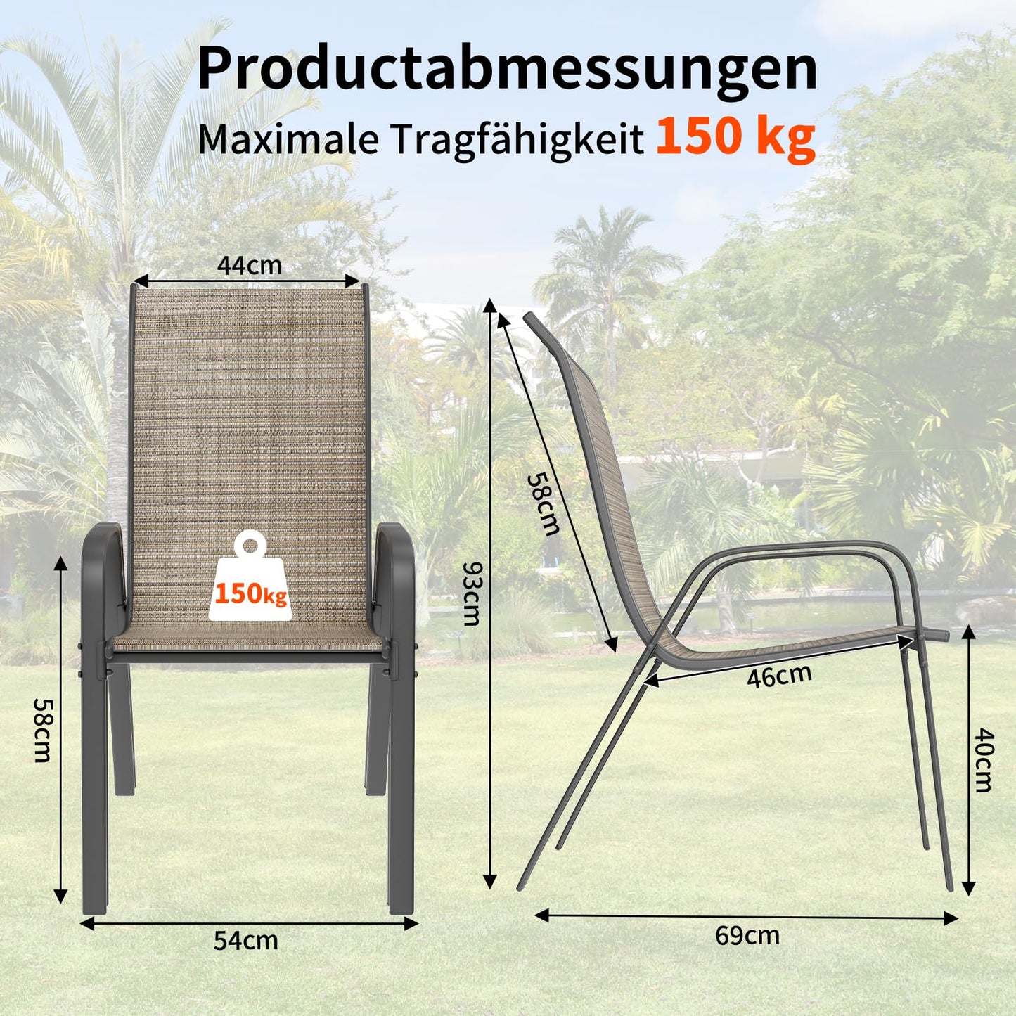 LIFERUN garden chairs stackable camping chair high back terrace chair textilene steel frame for gardens courtyards balconies restaurants 150 kg capacity 54 x 69 x 93cm (4pcs, flax brown)
