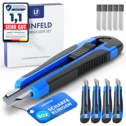 LAINFELD Utility Knife Set | 5 Carpet Knives + 50 Blades | 18mm Blades | Professional Cutter Knife | Carpet Knife Wallpaper Knife Utility Knife