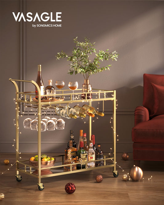 VASAGLE serving cart, rolling cart, glass holder, 2 mirrored glass shelves, bar cart, wine cart, for kitchen, dining room, bar, gold color LRC090A03