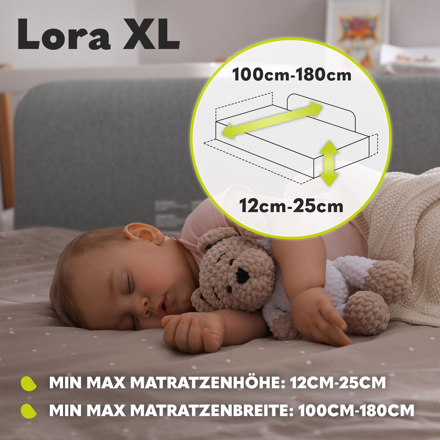 Lionelo Lora XL Portable Bed Guard for kids, tilt adjustment up to 180°, foldable bed rail, 45 cm - 150 cm, StandSafe lock, protection against falling out