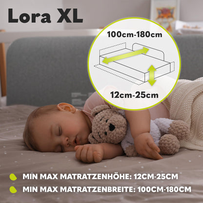 Lionelo Lora XL Portable Bed Guard for kids, tilt adjustment up to 180°, foldable bed rail, 45 cm - 150 cm, StandSafe lock, protection against falling out