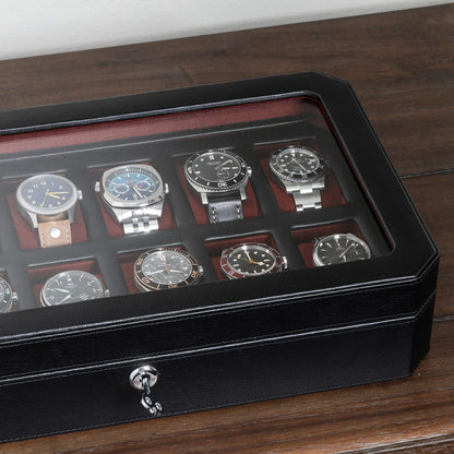 ROTHWELL 12 Slot Leather Watch Box - Luxury Watch Case Display Organizer, Men's Storage Boxes Holder Large Glass Top (Black/Red)