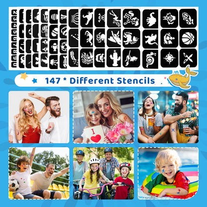 Bledra's Glitter Tattoo Set for Kids, 30 glitter colors, 147 stencils, 4 brushes, 2 glue, ideal gifts for children aged 3 to 12, beautifully packaged (Boy)
