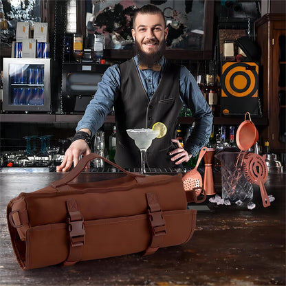 Travel Bartender Kit Bag, 17-piece Bar Tool Set, Professional Cocktail Bar Set, Portable Waxed Canvas Bar Kit Bag with Shoulder Strap for Bartenders, Parties, Camping trips.