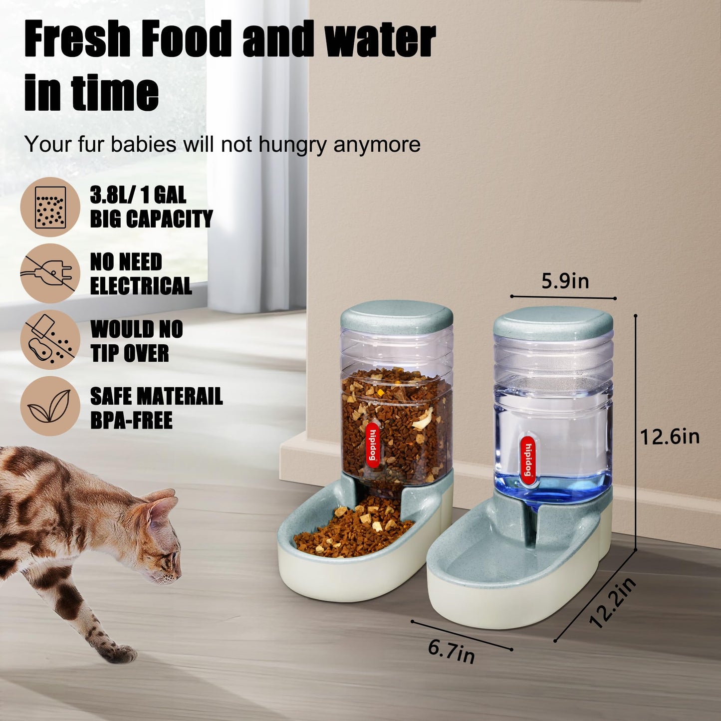 Automatic feeder for small and medium-sized pets, 3.8L, travel feeder and water dispenser for dogs, cats, pets (Gray)
