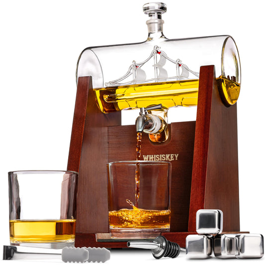 WHISISKEY Decanter Set - Whiskey Gift Set - Gifts for Men - Men's Gift - Birthday Gift for Man - Ship Decanter 1100ML, Gift Box, 2 Whisky Glasses, 4 Whisky Stones
