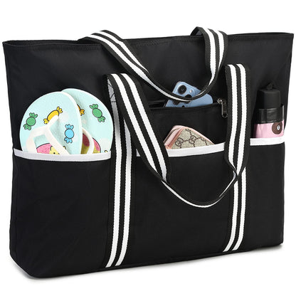 LEDAOU Large Beach Bag Women Shoulder Bag Handbag Waterproof Sandproof Zipper Pool Picnic Gym Travel Bag (B-Black)