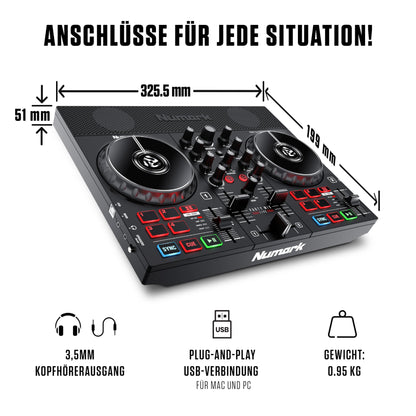 Numark Party Mix Live + HF 125 - DJ Controller set with built-in speakers, light show, mixer, and DJ headphones.