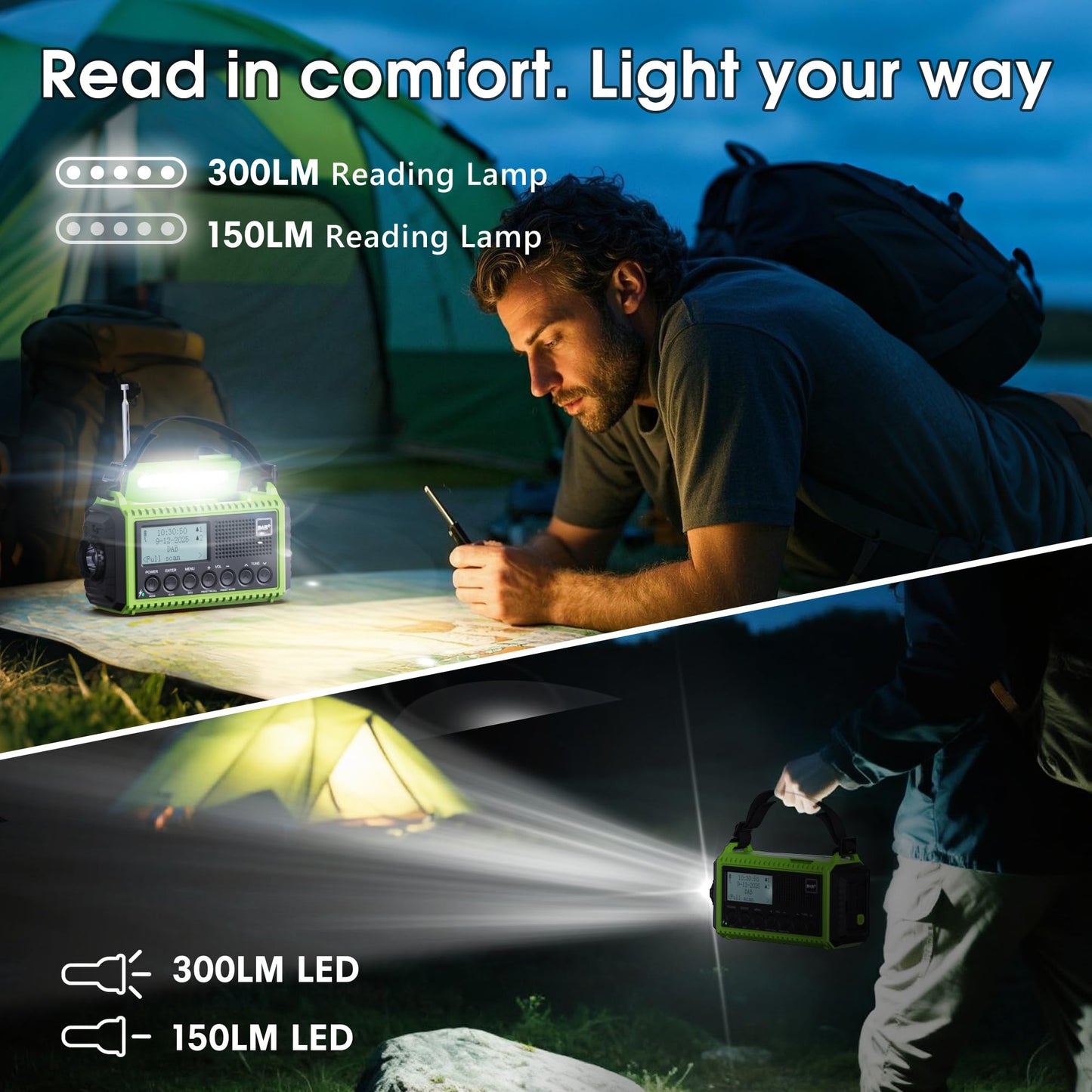 Crank radio DAB/DAB+, emergency radio with 5000mAh rechargeable battery, FM radio, battery radio emergency equipment with LED flashlight & reading light, SOS alarm for camping, emergencies & blackout.