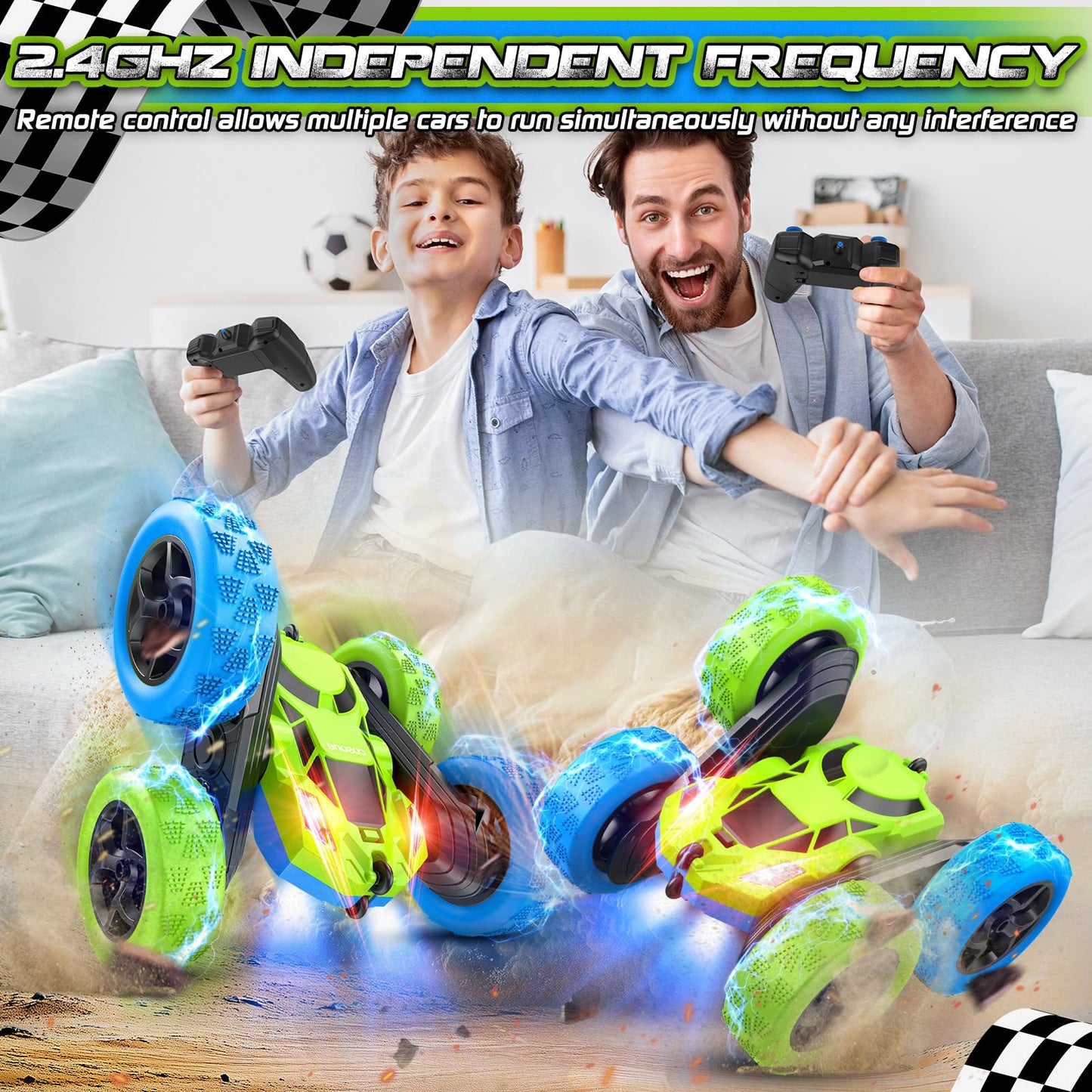 Cosone Remote Control Cars, 2.4GHz Remote Controlled Car Toy with headlights, All-wheel Drive Off-road Stunt Car, Double-sided 360° Rotation, Birthday Gifts for Boys 6+ years old (Blue-Green)