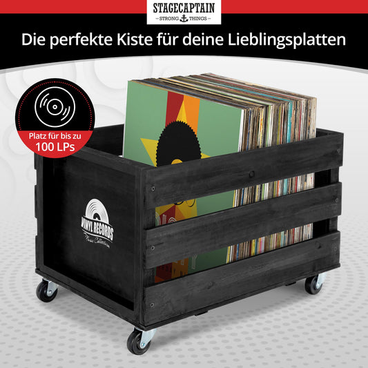 Stagecaptain SPK-100 BK Record Crate "Emil" - Storage box for up to 100 LPs - made of solid wood in retro design - 4 swiveling wheels - can also be used for various items up to 25 kg - Black