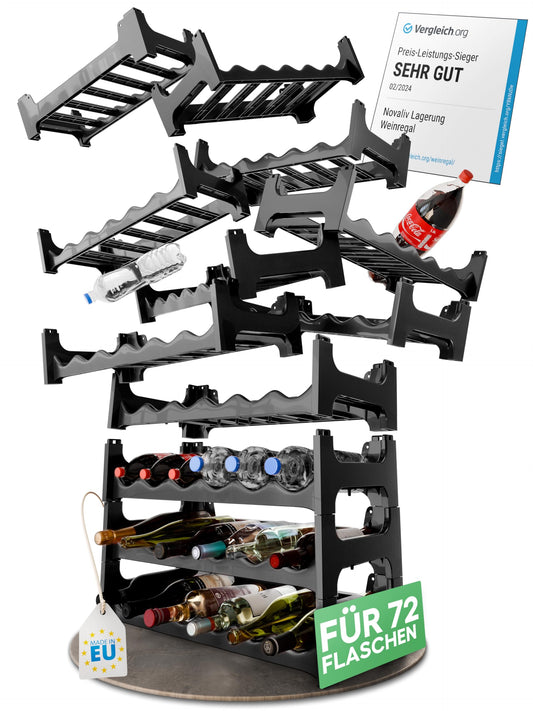 Novaliv Modular Bottle Rack for 72 wine bottles - plastic wine rack stackable, black, recycled, expandable, sturdy - perfect for wine storage in cellar, restaurants & home, beverage cabinet