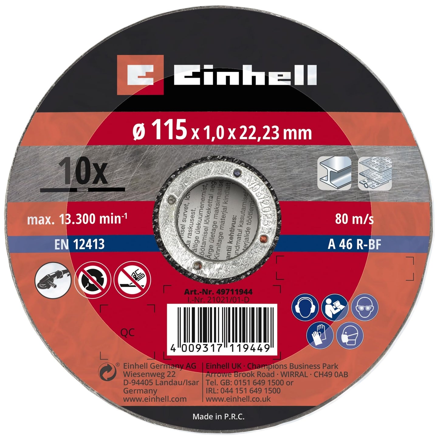 Original Einhell cutting disc set thin 115 x 1.0 mm (angle grinder accessory, 10 pcs., Ø 115 x 1.0 x 22.23 mm, max. 13,300 rpm, extra thin for minimal material loss)