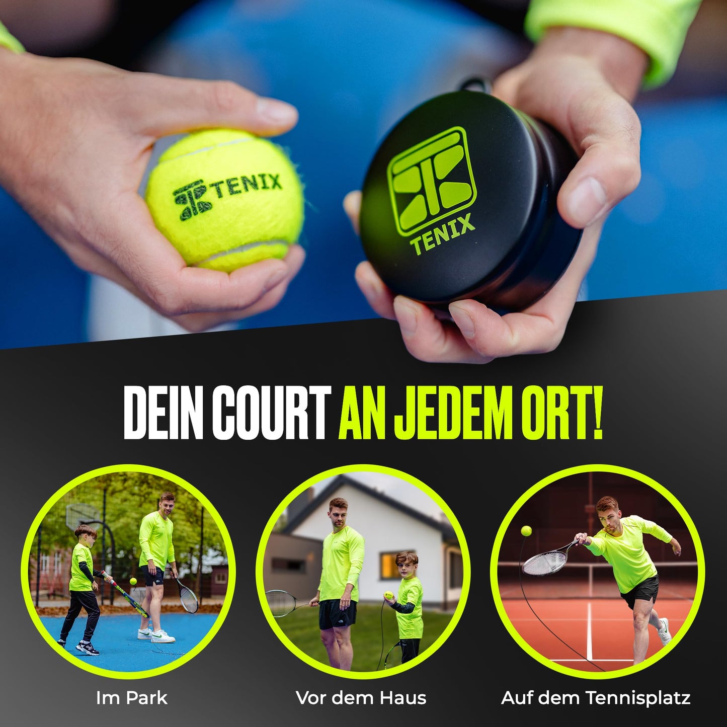 TENIX® Tennis Trainer Set [with Power-Grip System] Tennis training device for kids & adults | Play tennis alone in the yard, park, or tennis court | Get your self-trainer now!