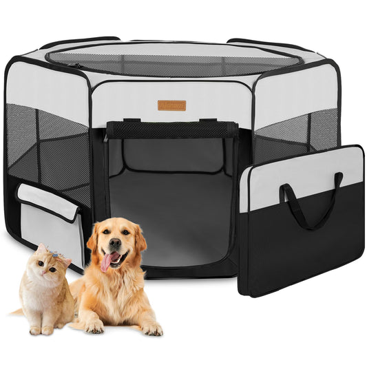 Akinerri pet playpen, portable, foldable, playpen for dogs/cats/puppies, exercise pen for dogs and cats, for indoors and outdoors, removable mesh shade cover.