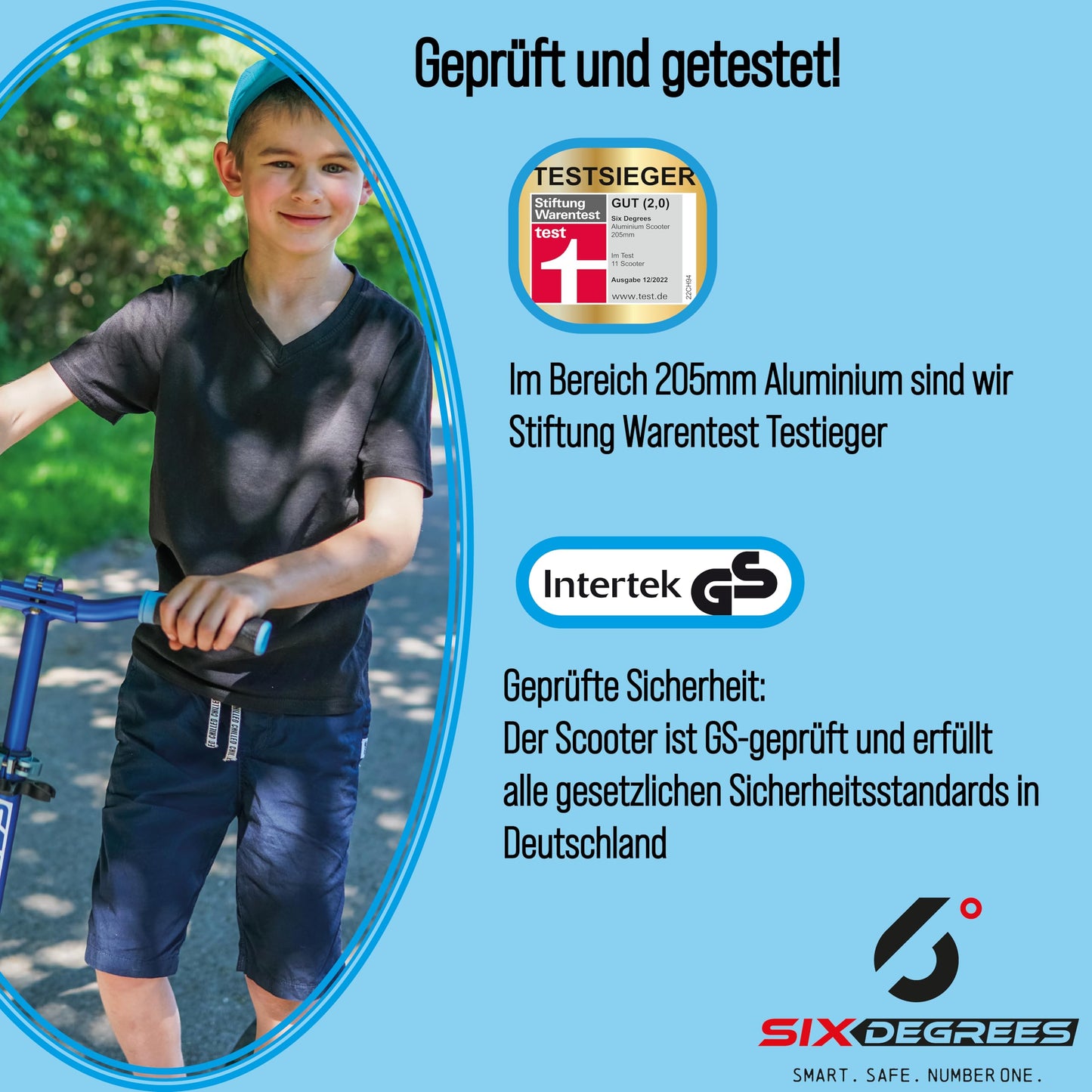 Six Degrees Aluminum Scooter with folding mechanism and stand, 205 mm, height adjustable, GS tested, blue, TEST WINNER