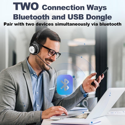 Wantek Wireless Headset with Microphone, Bluetooth Headset with Charging Dock, Wireless Headphone with Microphone and USB Dongle, Call Center Headphone for Computer Laptop Teams Office Zoom Skype.