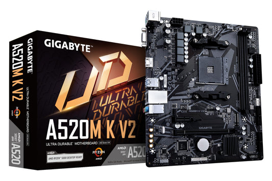 GIGABYTE A520M K V2 motherboard - Supports AMD Ryzen 5000 series AM4 CPUs, up to 5100MHz DDR4 (OC), PCIe Gen3 x4 M.2, GbE LAN, USB 3.2 Gen 1