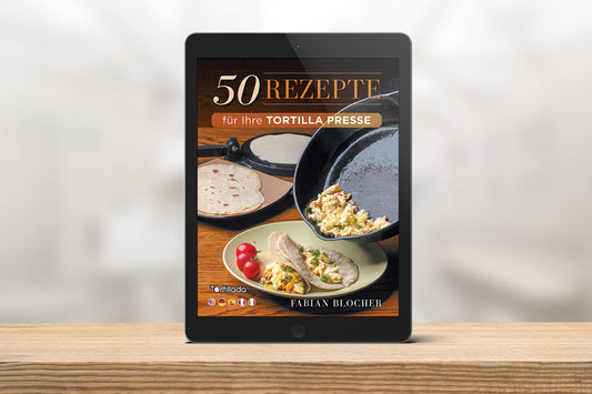 Tortilla press made of cast iron + E-book with 50 tortilla recipes + 100 x parchment paper (25cm)