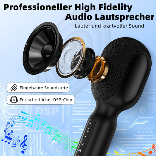 Karaoke microphone, LED wireless Bluetooth microphone, portable karaoke set for kids & adults with music recording, accompaniment mode, home KTV device, compatible with iOS Android FM connection in the car.