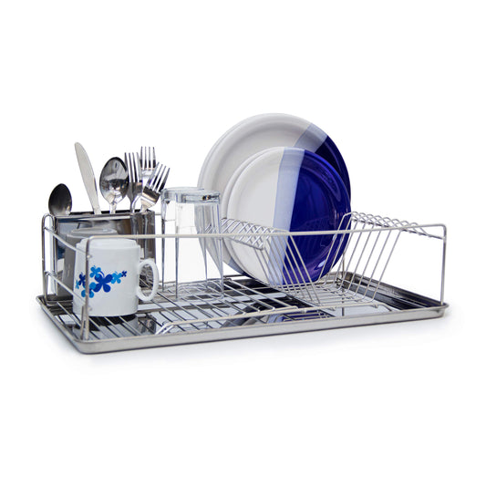 Relaxdays XL stainless steel dish rack LxWxH approx. 13 x 18.9 x 4.7 inches Draining rack for plates and cups Dish basket with cutlery holder and drip tray Shiny dish rack for your kitchen, silver