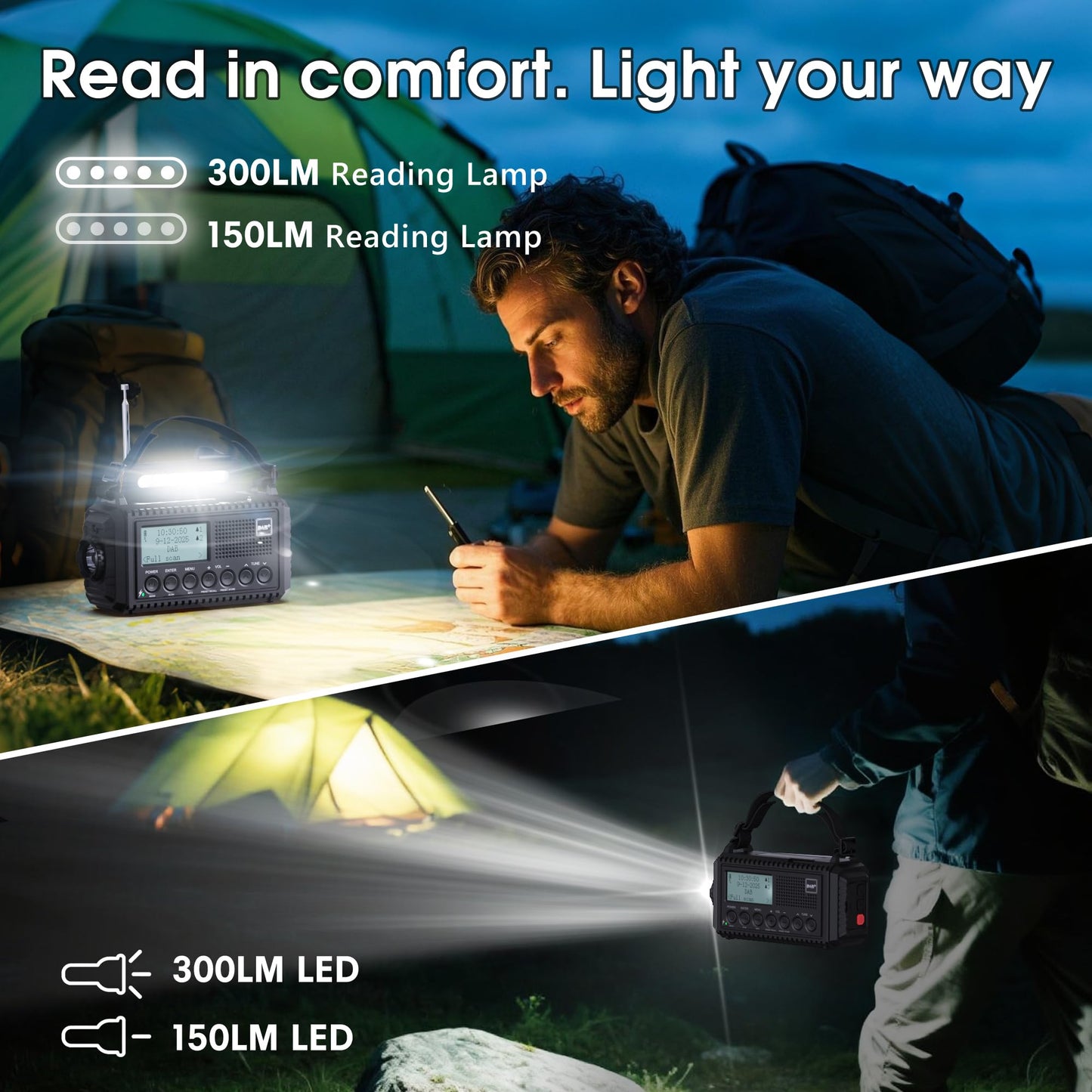 DAB/DAB+/FM digital radio with built-in 5000mAh battery. Solar radio emergency radio with USB mobile phone charging function. Camping radio with LED flashlight, reading light, SOS alarm. Portable crank radio for outdoor use.