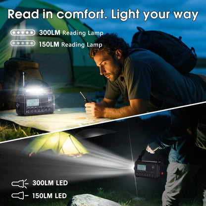 DAB/DAB+/FM digital radio with built-in 5000mAh battery. Solar radio emergency radio with USB mobile phone charging function. Camping radio with LED flashlight, reading light, SOS alarm. Portable crank radio for outdoor use.