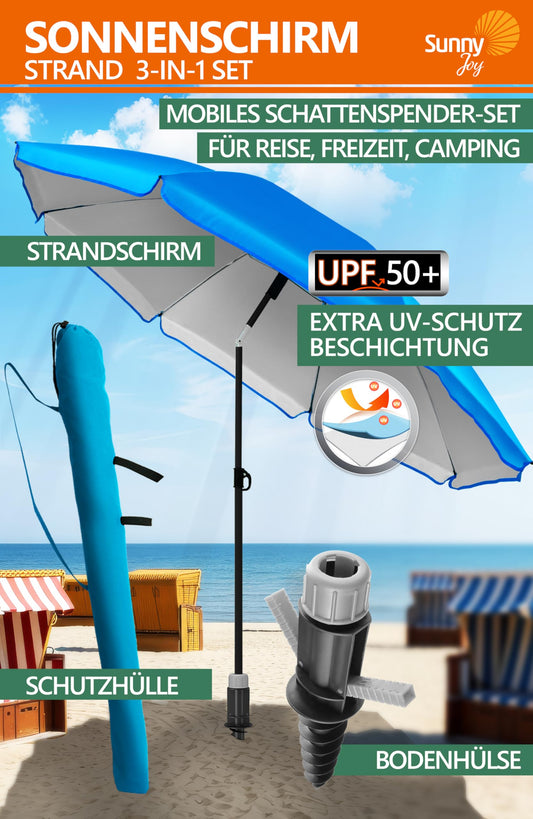 4smile beach umbrella SunnyJoy 3-IN-1-SET, blue - beach umbrella Ø 180 cm + ground sleeve + protective cover - wind-resistant and stable, with UV protection 50+.