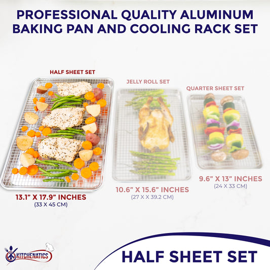 KITCHENATICS Half Sheet Pan with Rack Set, Oven Baking Tray, Aluminum Pan with Rim, Wire Cooling Rack for Cooking and Roasting, Half Baking Sheet with Baking Rack - 33.3 x 45.5 cm