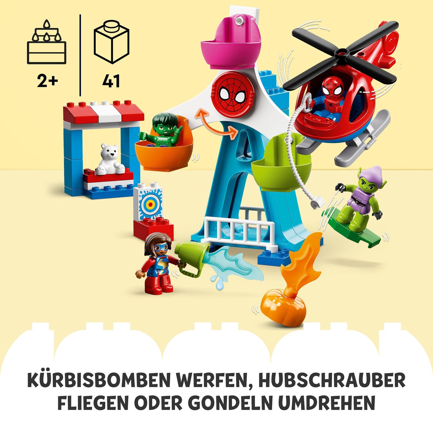 LEGO 10963 DUPLO Marvel Spider-Man & Friends: Fairground Adventure, amusement park with toy helicopter, Hulk and Green Goblin figures, for ages 2 and up.