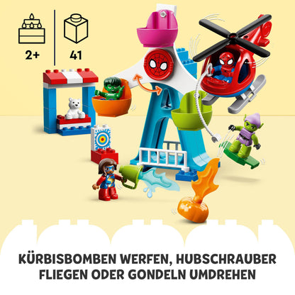 LEGO 10963 DUPLO Marvel Spider-Man & Friends: Fairground Adventure, amusement park with toy helicopter, Hulk and Green Goblin figures, for ages 2 and up.