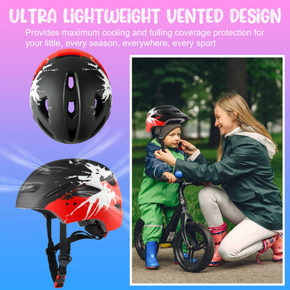RaMokey Kids Bike Helmet, Bike Helmet with Light for Kids, Lightweight Kids Helmet with Adjustable Dial for Girls and Boys 50-56CM (ages 5-14) (Black+Red)