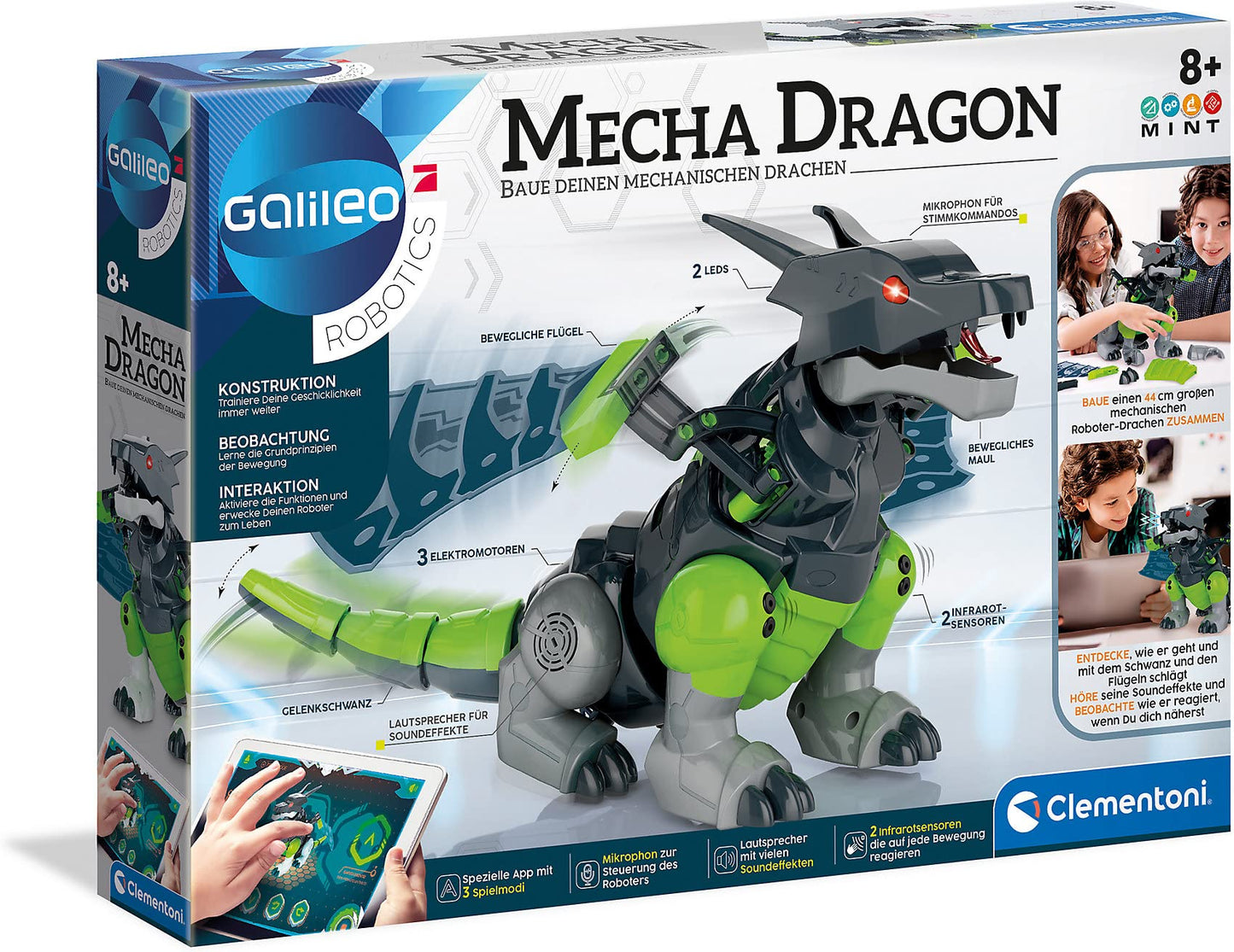 Clementoni Galileo Robotics - Mecha Dragon, dragon robot model kit, 3 motors, sensors & app control, electronic toy for kids ages 8 and up 59215