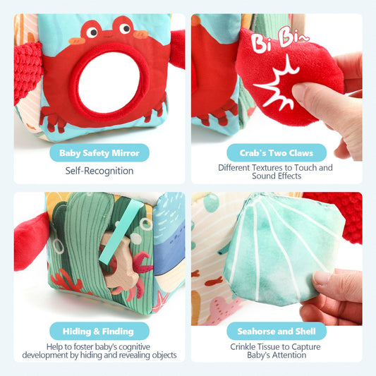 WOODEN TEETHER Personalized Baby Tissue Box Toy (engravable and blessed) Montessori toy for 6 months, Promotes Sensory & Motor Skills, with mirrors, Boys & Girls Gift (Crabs)