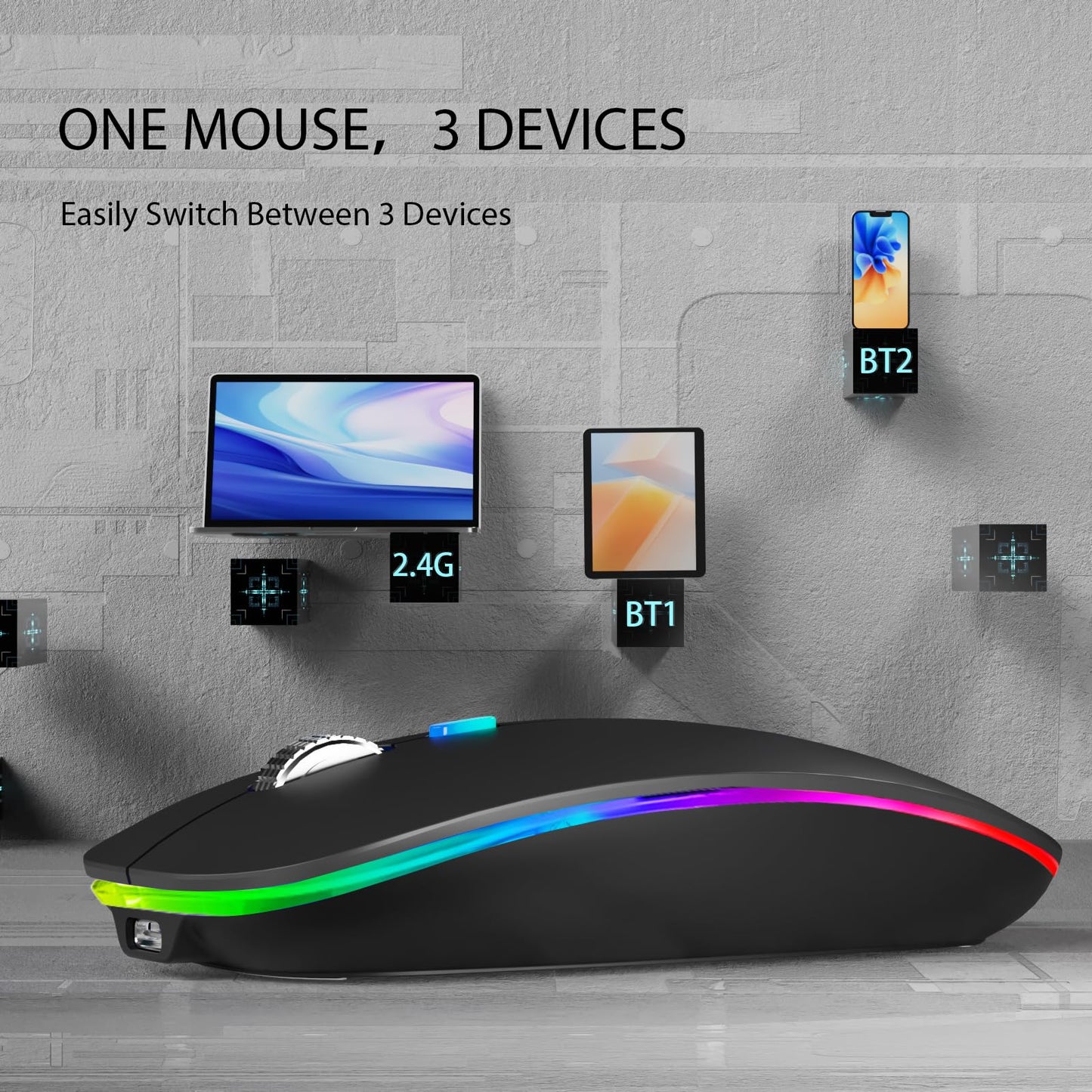 Uiosmuph Bluetooth Mouse Wireless, LED Wireless Mouse rechargeable Quiet 2.4GHz Wireless Optical Mouse with USB Nano Receiver for PC/Tablet/Laptop Computer (matte black)