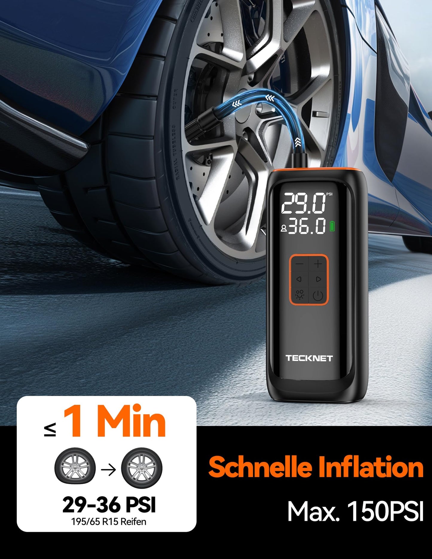 TECKNET Battery Compressor 6000mAh, Electric Air Pump 150 PSI, Electric Bike Pump, Air Compressor with Pressure Gauge for Cars, Bikes, Motorcycles, Balls, Power Bank, and Flashlight Function.