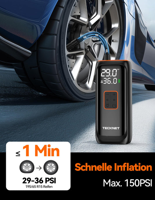 TECKNET Battery Compressor 6000mAh, Electric Air Pump 150 PSI, Electric Bike Pump, Air Compressor with Pressure Gauge for Cars, Bikes, Motorcycles, Balls, Power Bank, and Flashlight Function.