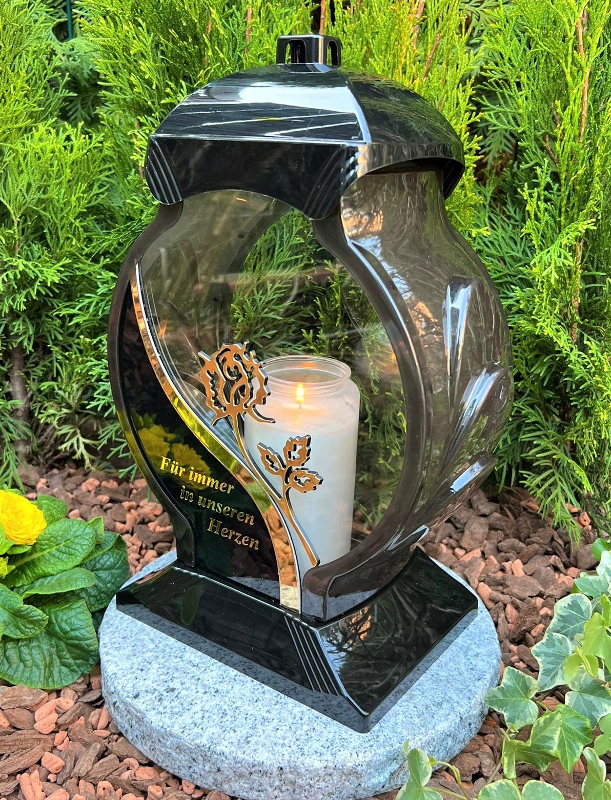 Grave lamp lantern with inscription "Forever in our hearts", 34 cm H - Grave lamp candle grave candle grave decoration including candle.