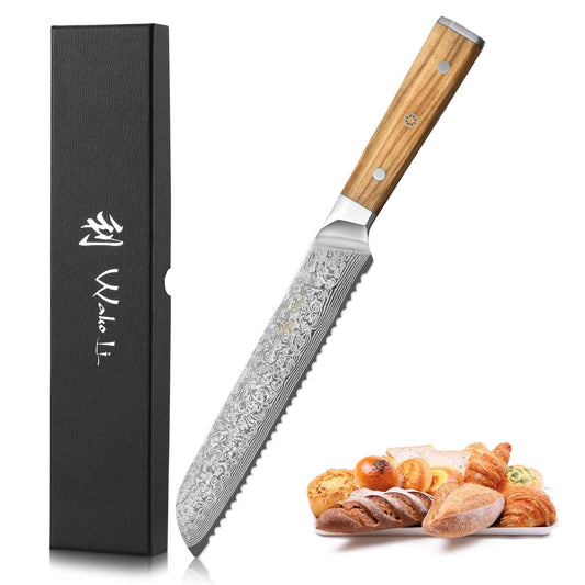 Wakoli Oribu bread knife with 20cm blade made of 67 layers of Damascus steel, olive wood handle. Sharp bread slicing knife for bread, rolls & crust. Kitchen knife including gift box.