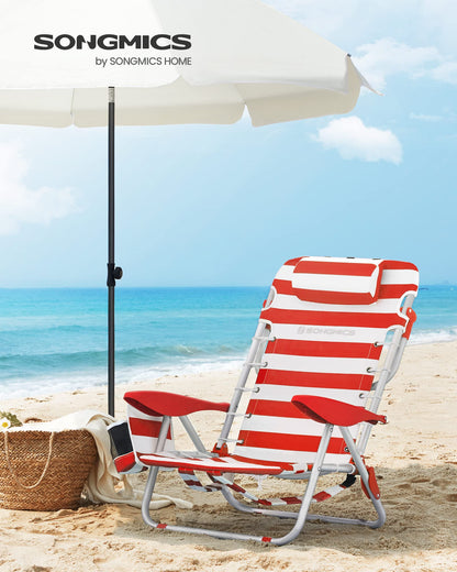 SONGMICS beach chair, camping chair, foldable, with shoulder strap, adjustable backrest, headrest, armrest, 2 side pockets, red and white GCB062R01