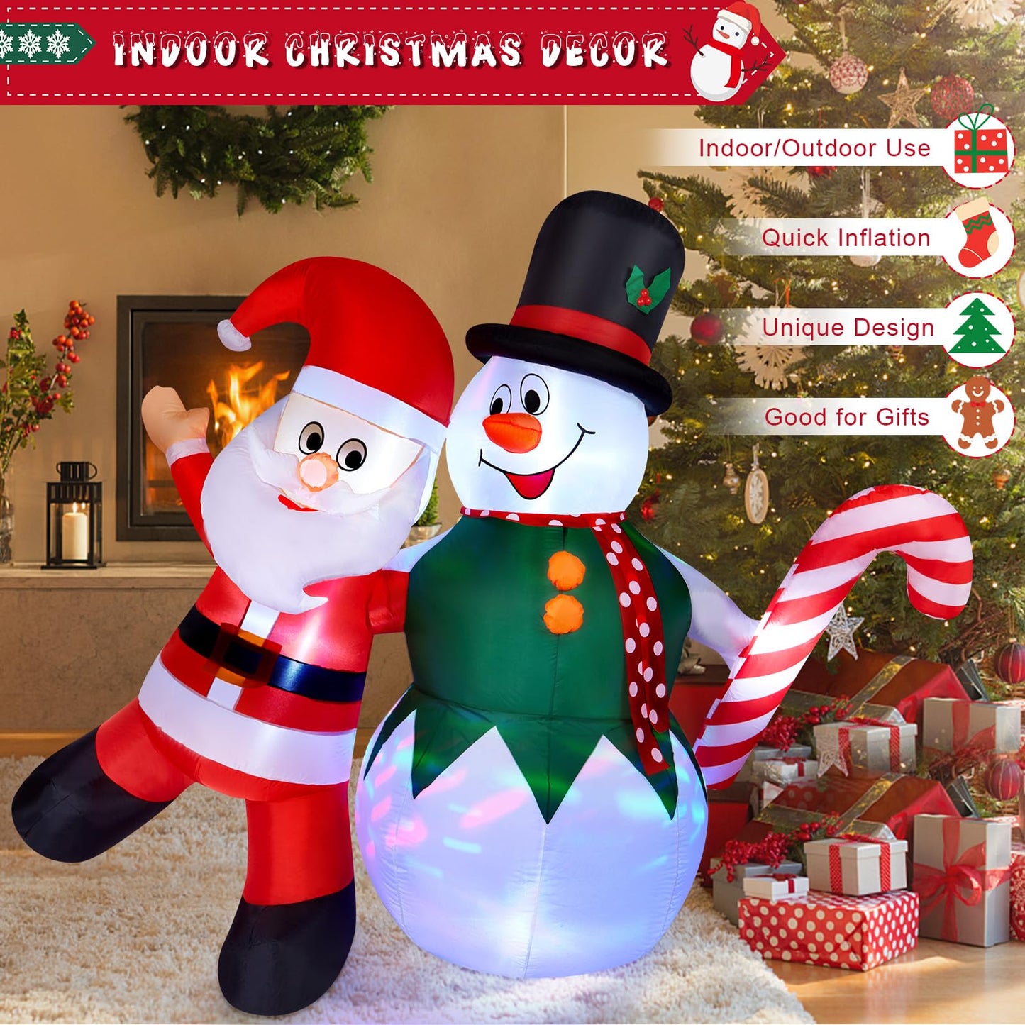 CAMULAND 180CM/6FT Inflatable Christmas Decorations Snowman and Santa Claus with built-in LED lights, Outdoor Christmas Blow up Decoration for yard, garden, and party