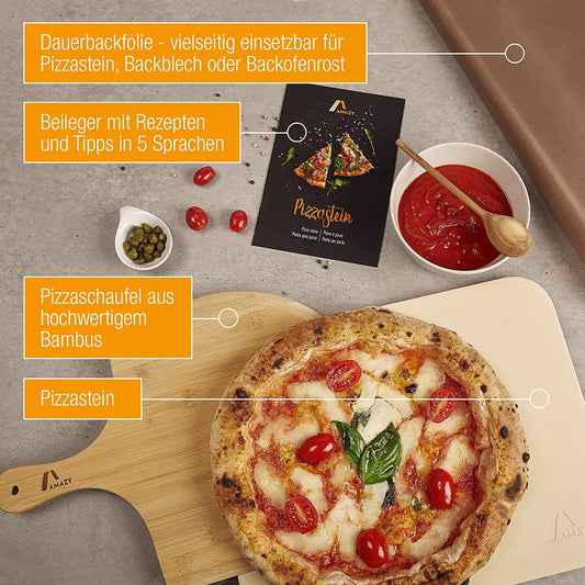 Amazy pizza stone including bamboo pizza peel, parchment paper, and insert - The ultra heat-resistant bread baking stone gives your pizza the original Italian flavor of crispy stone oven pizza.